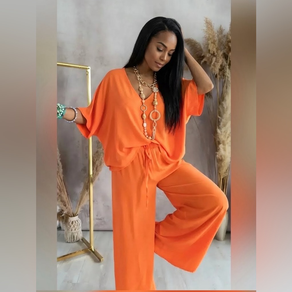 Orange 2-Piece Lounge Set | 100% Rayon | Wide-Leg Pants & Relaxed Top | Sizes M